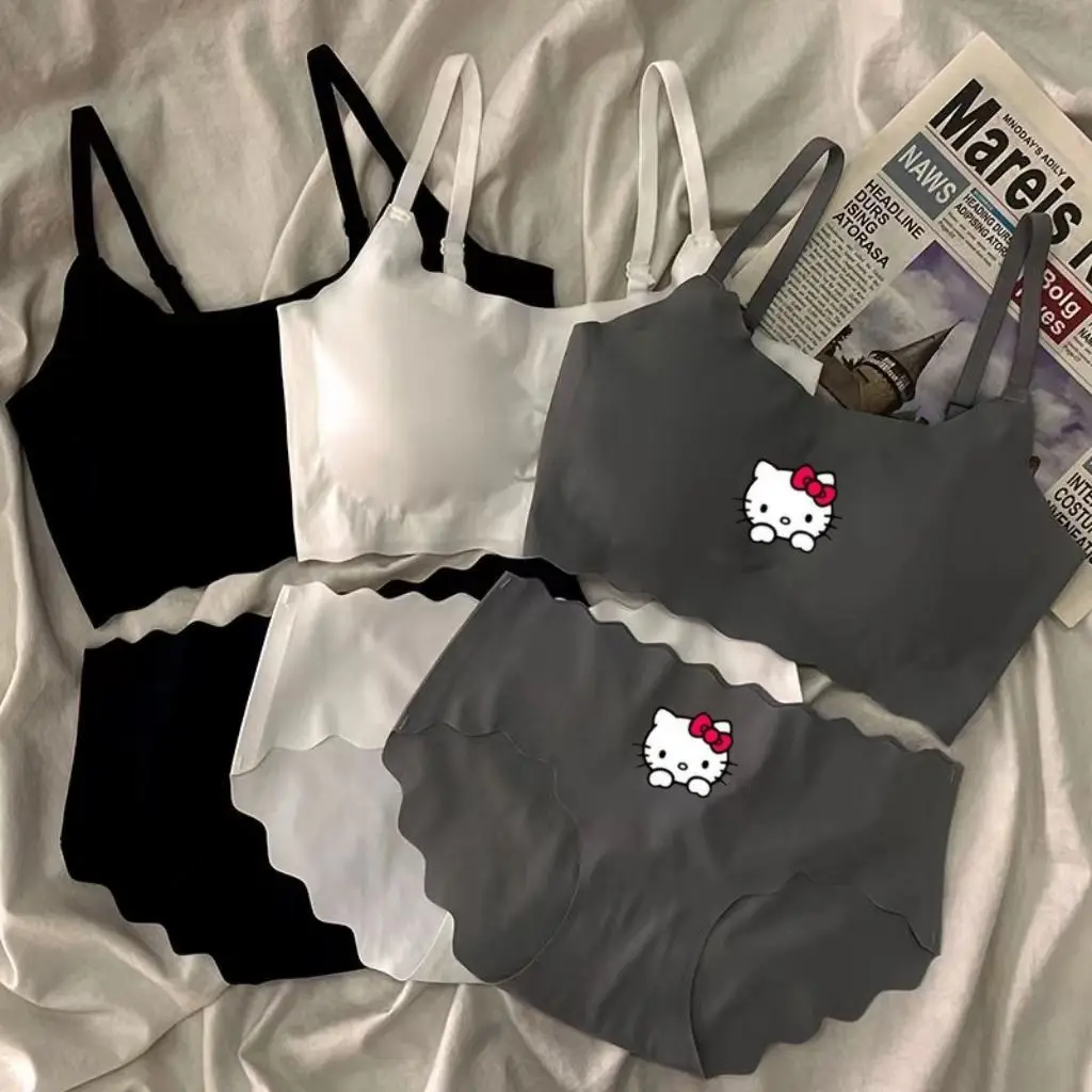

Sanrio Kawaii Hello Kitty Set ice Silk Underwear Girls without Marks Steel Ring Gathered Bra Sports Antibacterial Lightweight