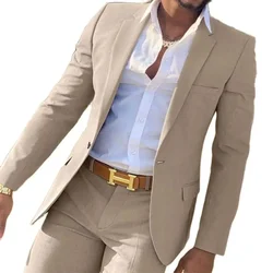 Slim Fit Gentlemen Suits for Men 2 Piece Beige Wedding Groom Tuxedo Male Fashion Smoking Costume Jacket with Pants