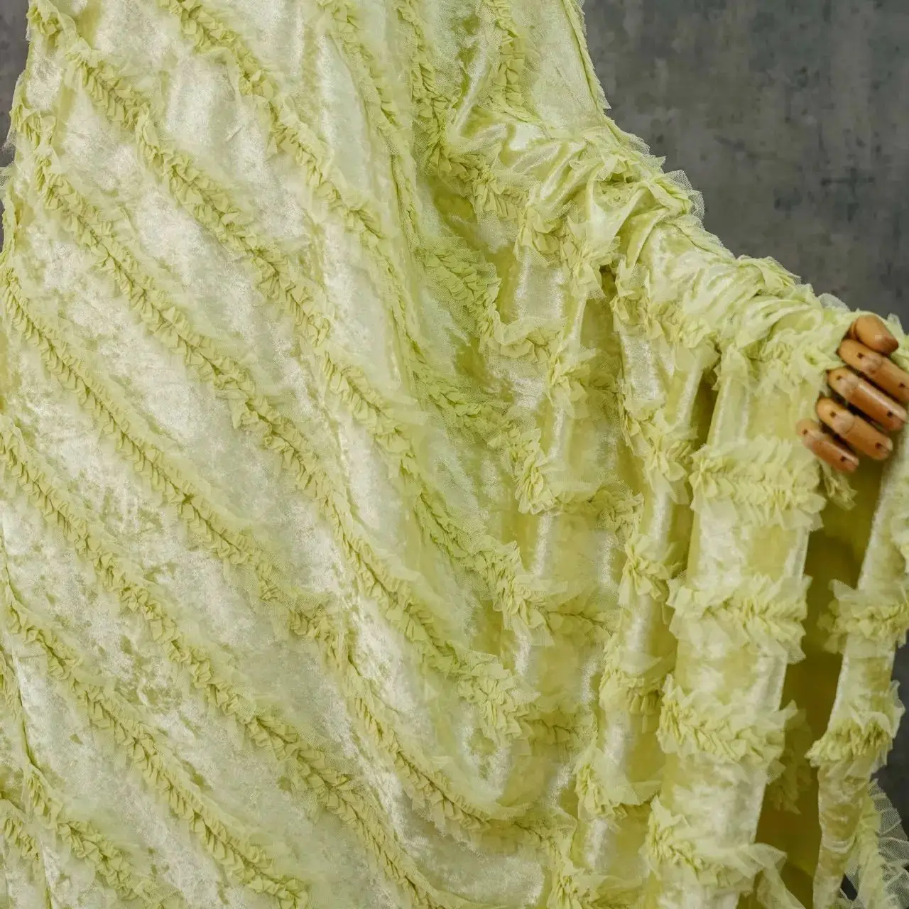 

Luxurious velvet fabric with 3D lace edges soft and stretchy embroidered fabric for wedding dress and gown designer use