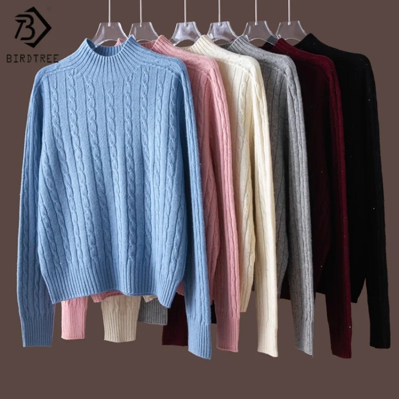 

Birdtree, вязаный свитер из 100% овечьей шерсти с пайетками, женский бесшовный трикотаж с длинными рукавами и воротником-стойкой, осенний пуловер 2025 T5O512JF