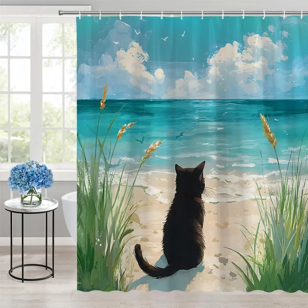 ビーチキャット-シャワーカーテン-海の上に黒猫-砂浜-カモメ鳥-ターコイズブルー-面白い動物-海岸自然風景-バスルーム