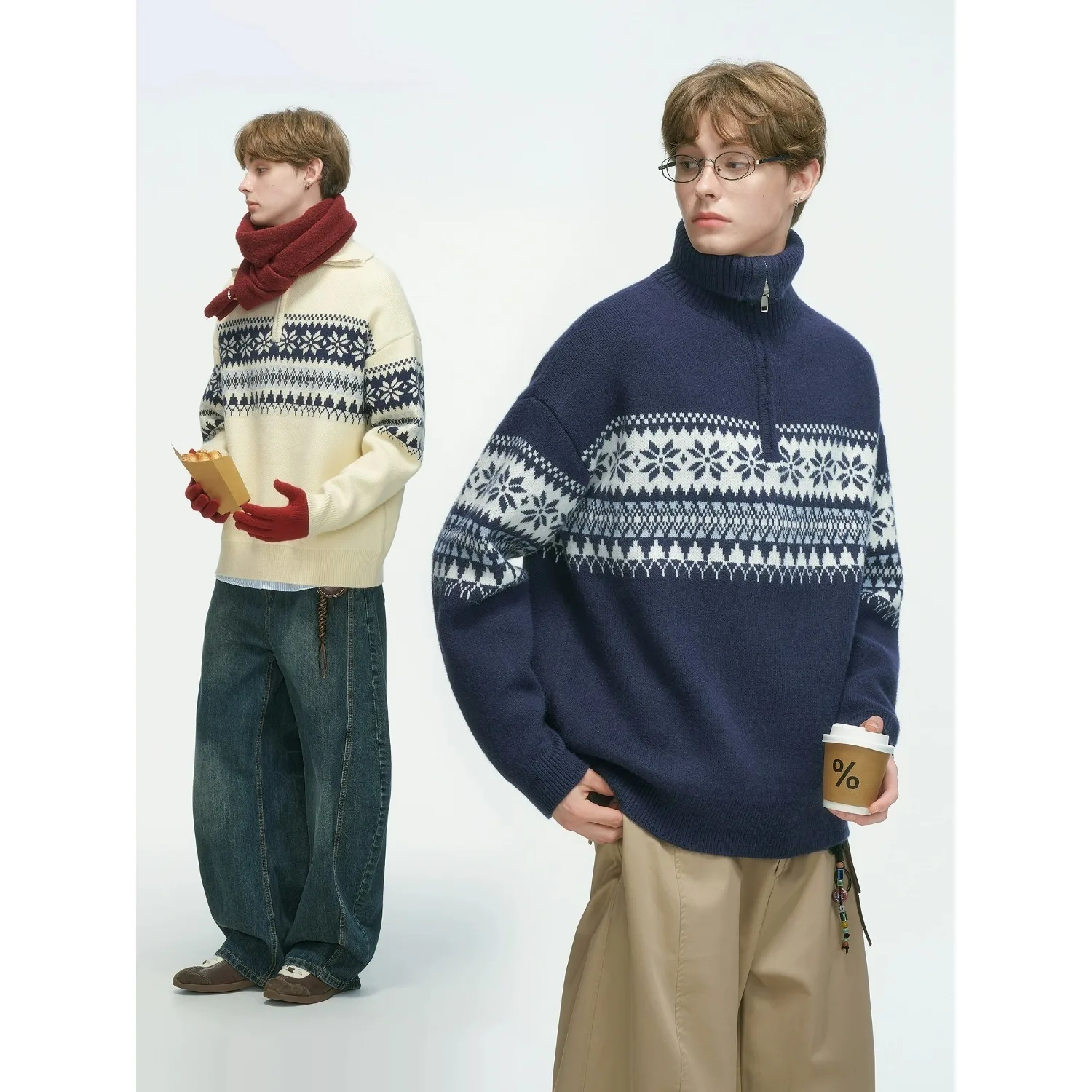 

Winter New Retro Half-Zip High Neck Sweater For Men And Women Loose Lazy High Neck Pullover Knit Top Oversized Knitted Sweater