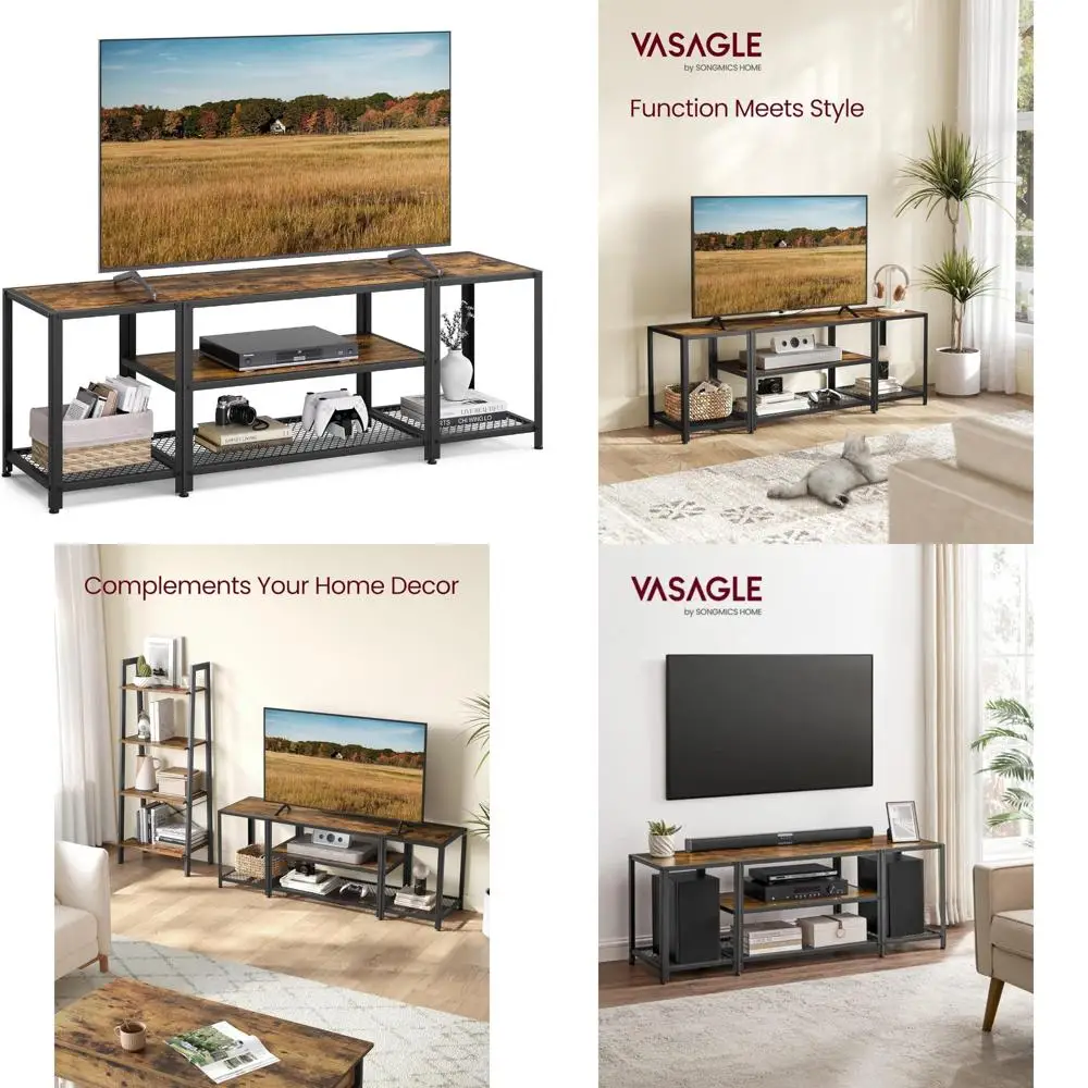 Industrial Style Entertainment Center: 3-Tier TV Stand for 65-Inch TVs with Open Storage Shelves