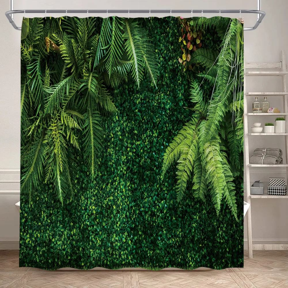 Green Leaves Shower Curtain Vine Plants Leaf Rustic Stone Wall Bamboo Barn Board Polyester Fabric Home Bathroom Curtains Decor