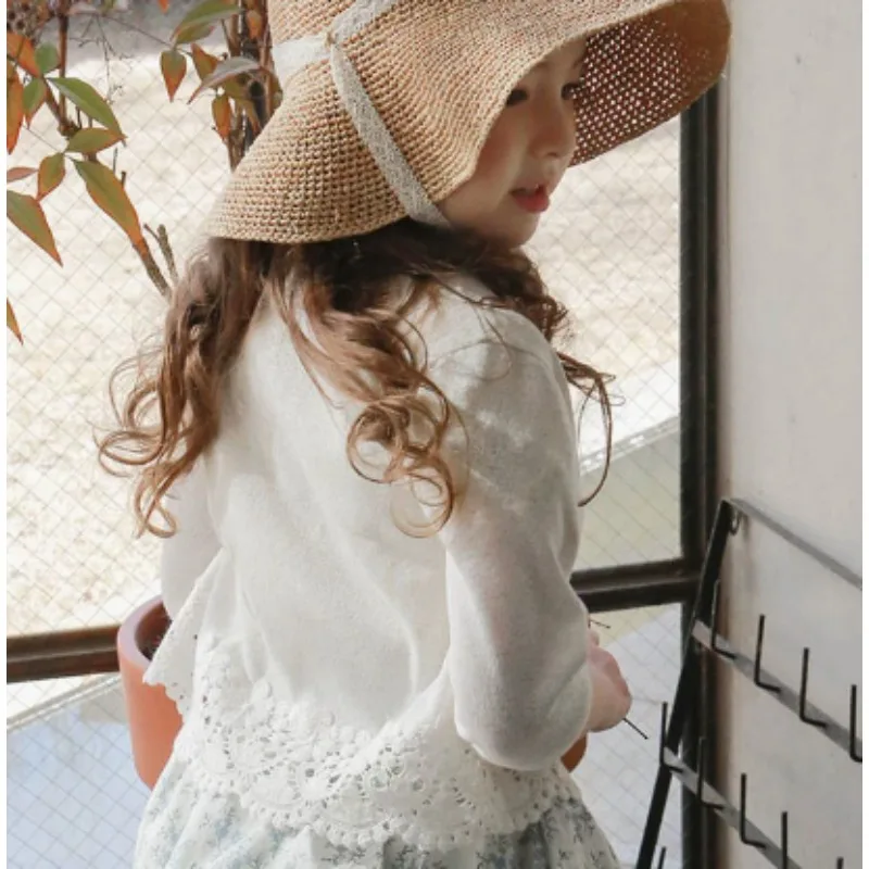 Girls Coat 2025 Autumn Korean Version Hollow Embroidery Lace Short Knitted Cardigan Soft Comfortable and Versatile
