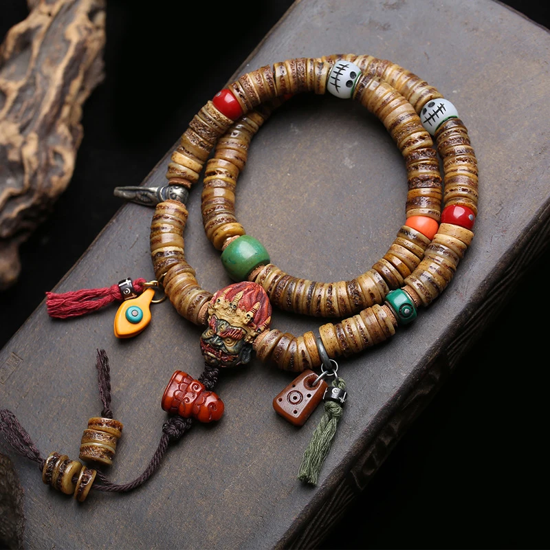 Vintage Bone Large Bead 108 Buddha Beads Necklace with Inuget and Daiten Three-Way Connector Accessories