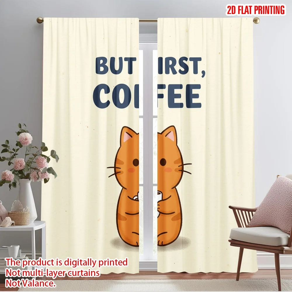 

2pcs 2D flat printing Party Curtains But First Coffee Cat 100% Polyester Fabric Without Electricity Holiday Decorations Perfect