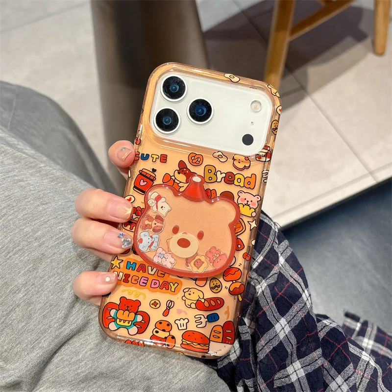 

Kawaii Cartoon Bear Phone Case For iPhone 17 Pro 16 15 14 Pro Max Cover with Shaking Stand Shockproof Cases Cute Protective Cove
