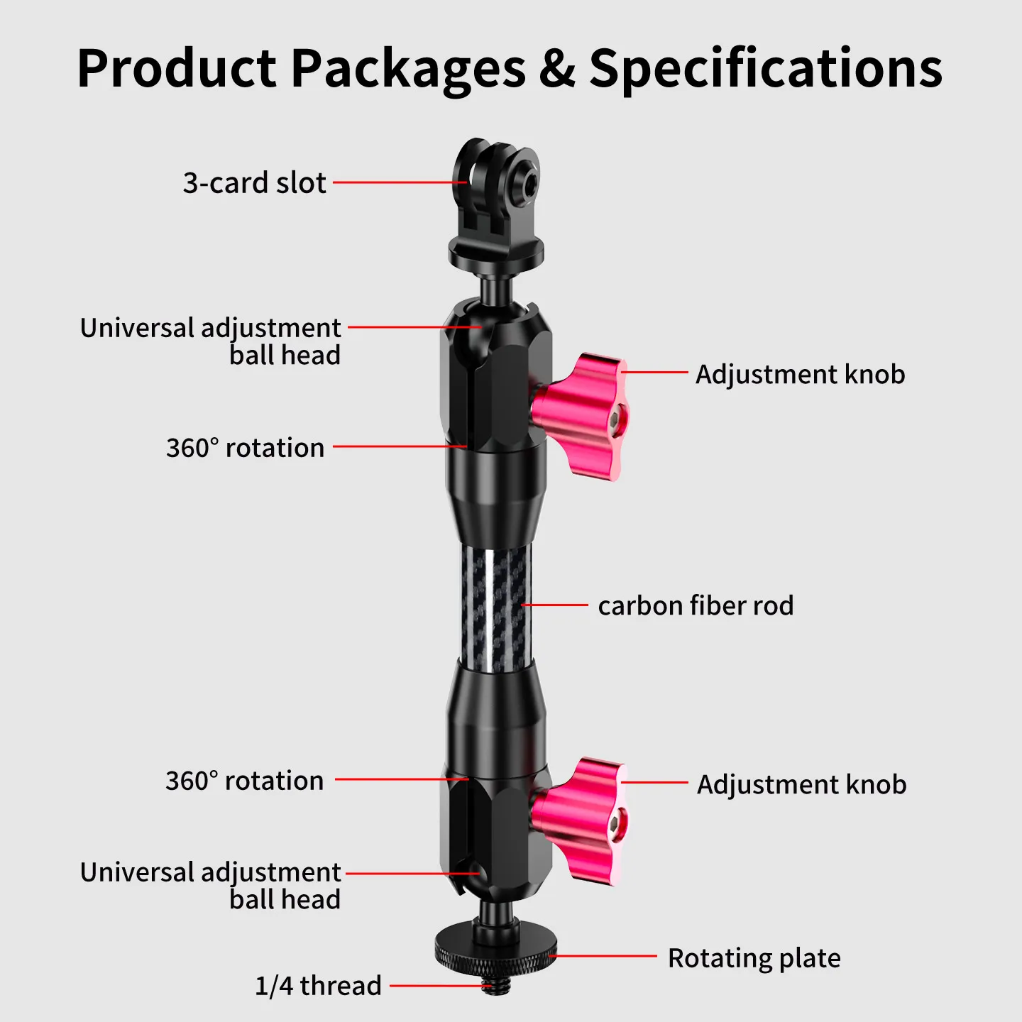 3-in-1 Action-Kamera-Halterung mit 1/4-Zoll-Schraube, Dual 360° ° Drehbarer Kohlefaser-Arm mit Kugelkopfklemme für GoPro DJI Osmo – Detail 12