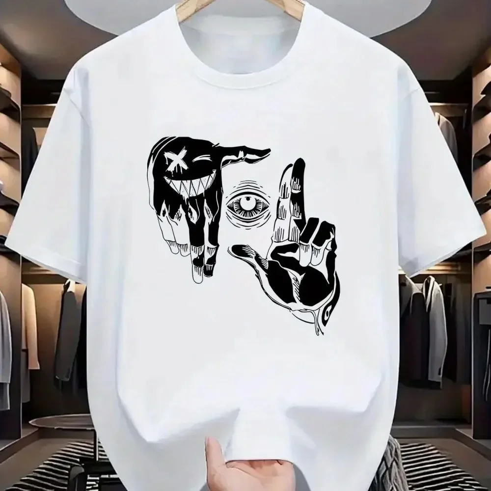 2025 Summer Men's 100% cotton Breathable Round Neck T-shirt with Gesture Eye Personalized Pattern Printed Outdoor Top