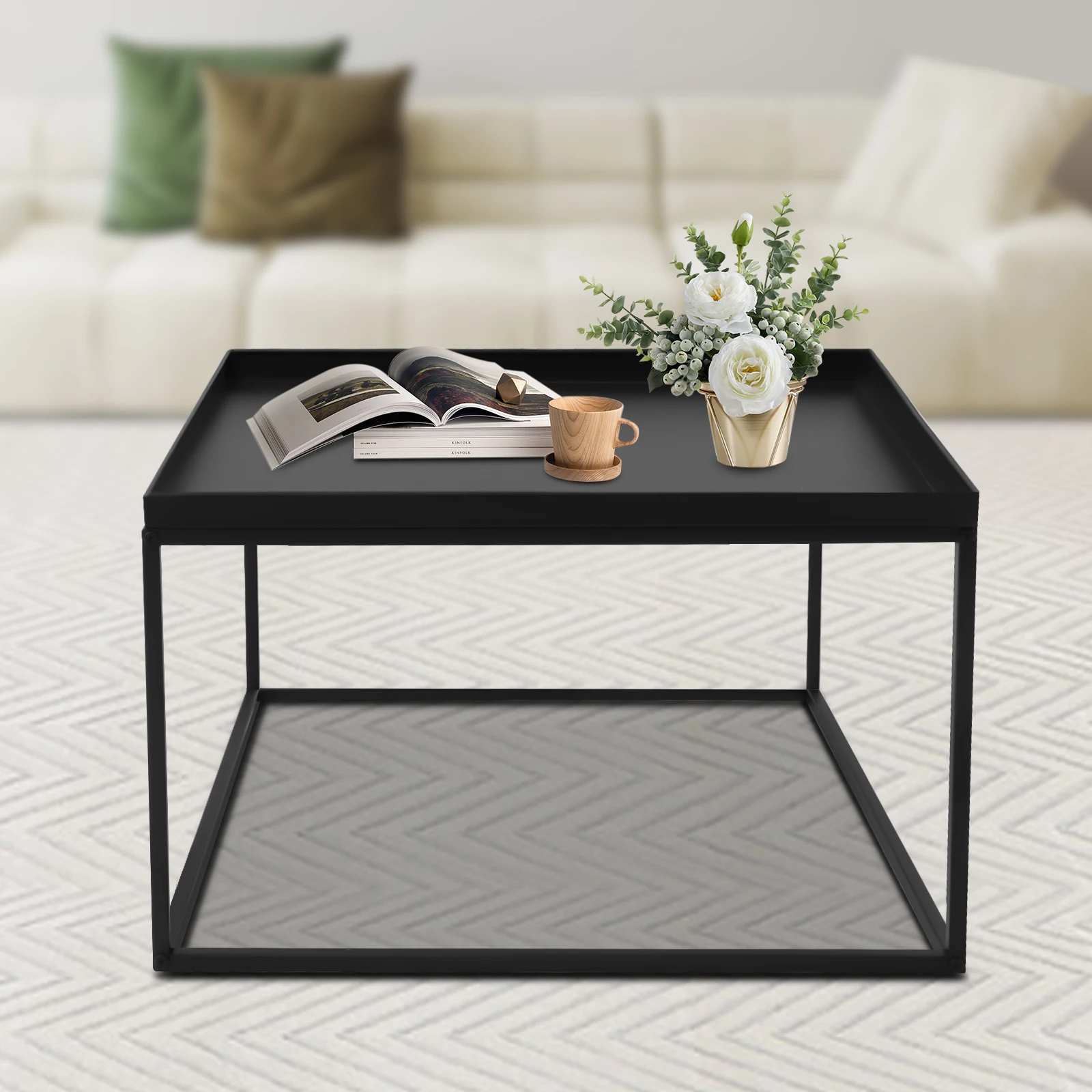 Modern Square Metal Wrought Iron Coffee Table Elegant End/side Table Display Stand Matte Black For Home Office Living Room