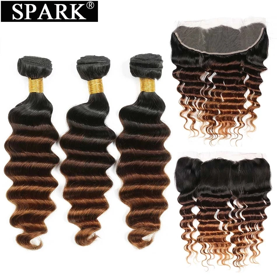 Spark Human Brazilian Hair Bundles With Frontal Ombre Loose Deep Wave Ear To Ear 13x4 Lace Frontal With 3/4 Bundles 1B/4/30 Remy