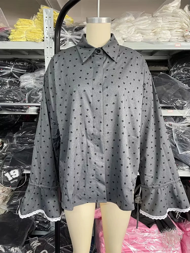Chemise ample en dentelle pour femmes, chemisier imprimé cœur aimant, col rabattu, manches évasées, haut Vintage, printemps automne