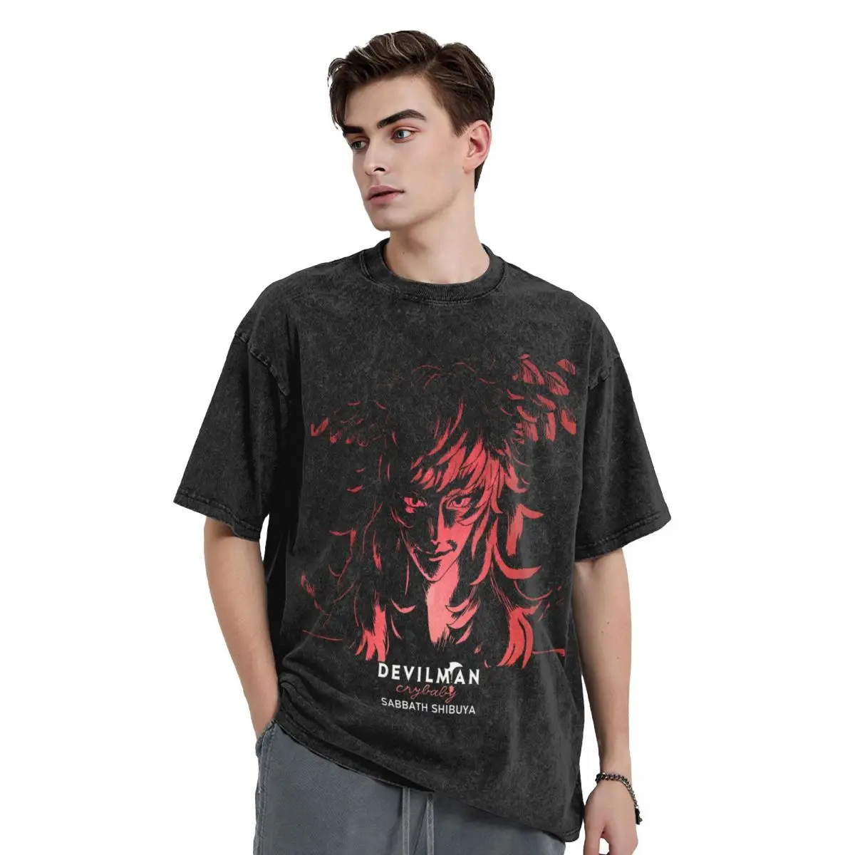 Japanese Anime Devilman demon woman Men Washed Hot stamping Print T-Shirt,Harajuku Cotton Tshirt Men's Summer Short Sleeve Tees