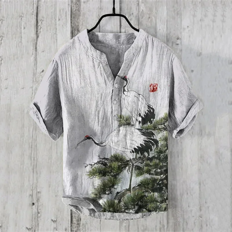 2024 New Linen Shirt 100% Men's Japanese Art Landscape Ink Bamboo Bird Fish 3D Printing Fashion Casual Henry V Neck Shirt