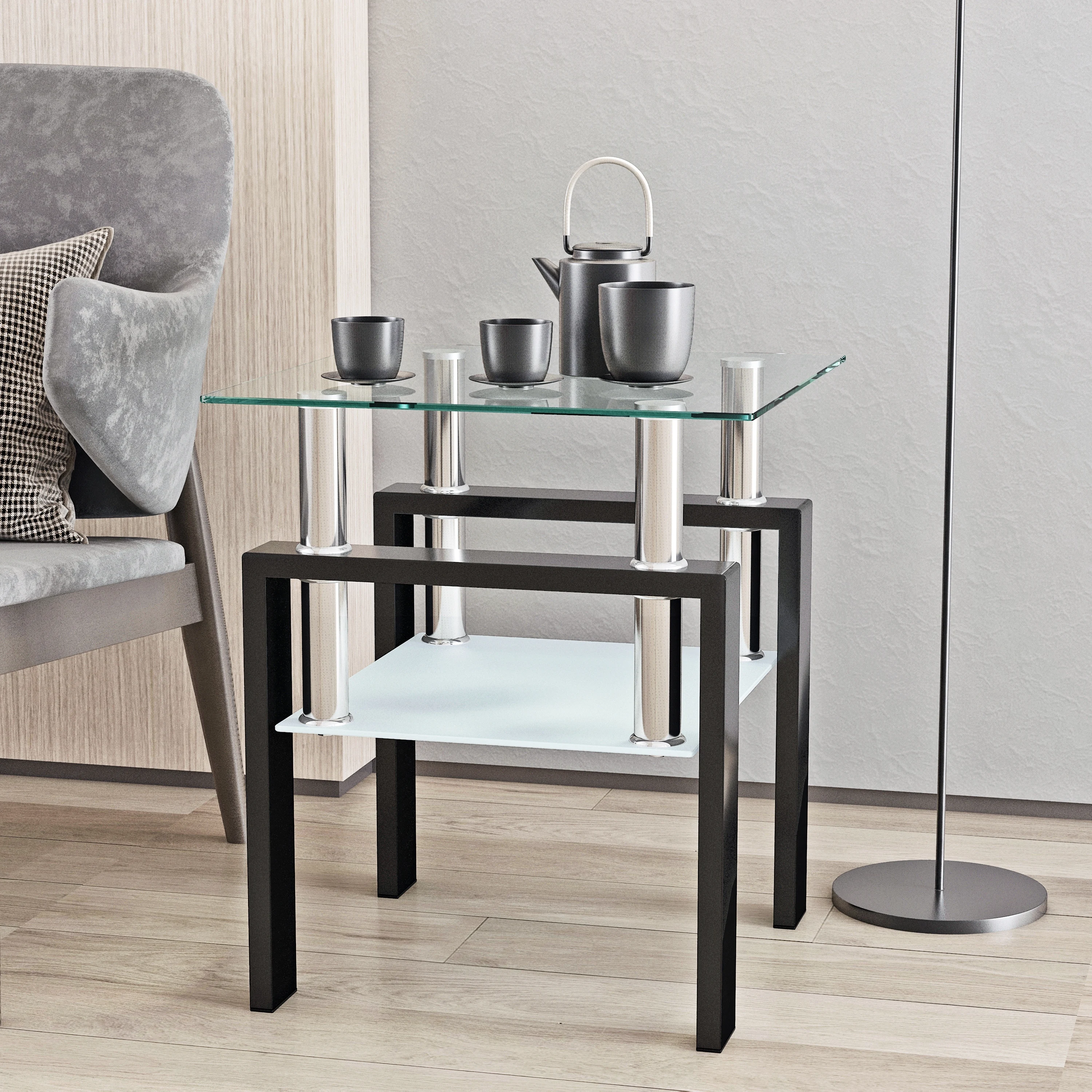 1-Piece Modern Tempered Glass Tea Table Coffee Table End Table, Square Table for Living Room