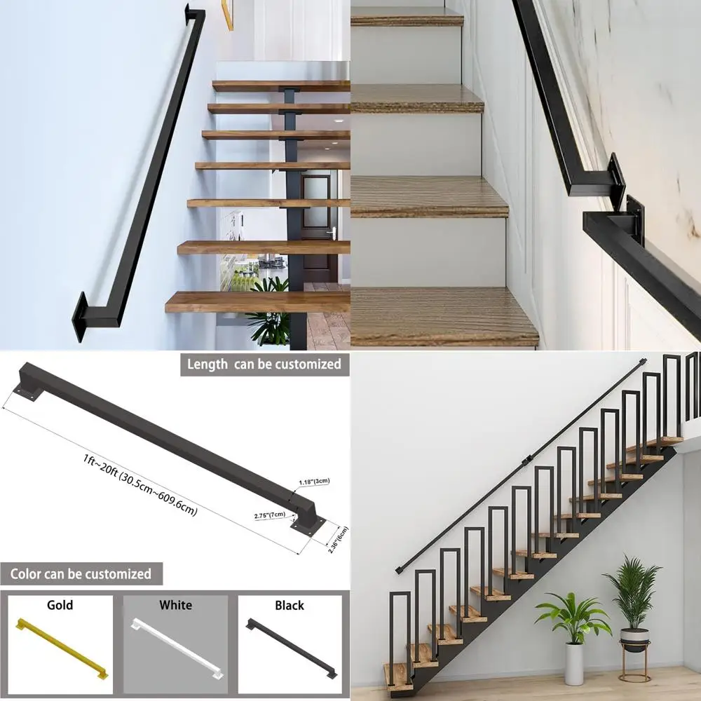 درابزين يدوي من الحديد الأسود بقوة صناعية للدرج، حاجز أمان مثبت على الحائط، سعة تحميل 500 رطل، حاجز حديد عالي التحمل #1