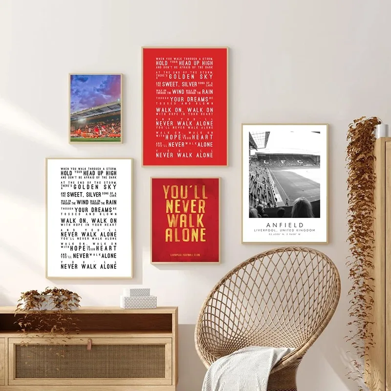 You'll Never Walk Alone Lyrics Poster Art Prints, Football Stadium ANFIELD Photography Picture Black White Canvas Painting Decor