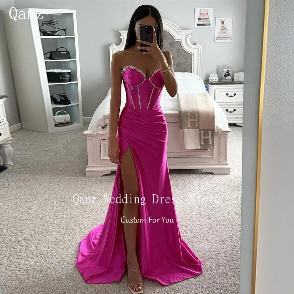 

Qanz Fuchsia Sexy Prom Dresses High Slit Stain Mermaid Dubai Evening Dresses Lace Up Back Floor Length Vestidos De Noche New