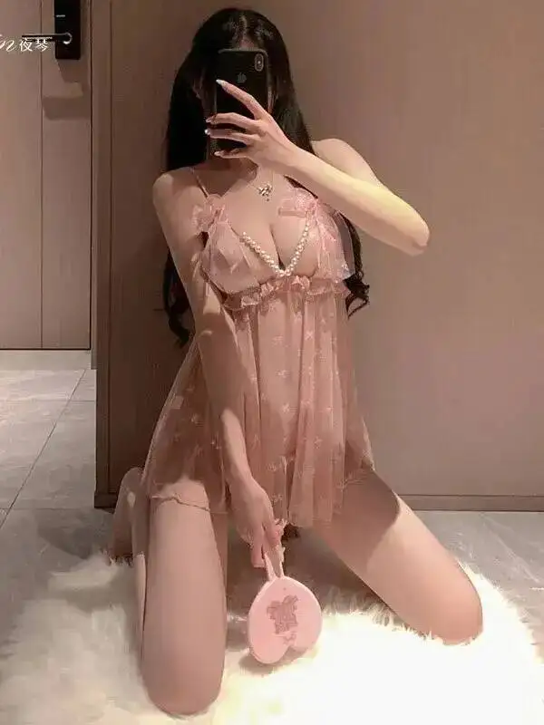 섹시하고 우아한 하이엔드 펄 메쉬 시스루 유혹적인 캐미솔 로브 V넥 스윗 핫 섹시 여성 미니 드레스 탑 2025 신상 D5U