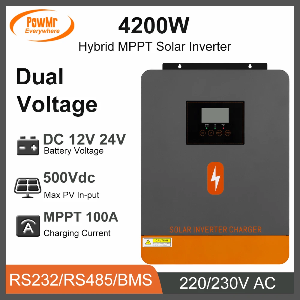 PowMr Solar Inverter 2 Voltage 12V 24V DC to 230V AC 2.3KW 4.2KW With 100A MPPT Solar Charger Support LifePo4 BMS RS485 Inversor