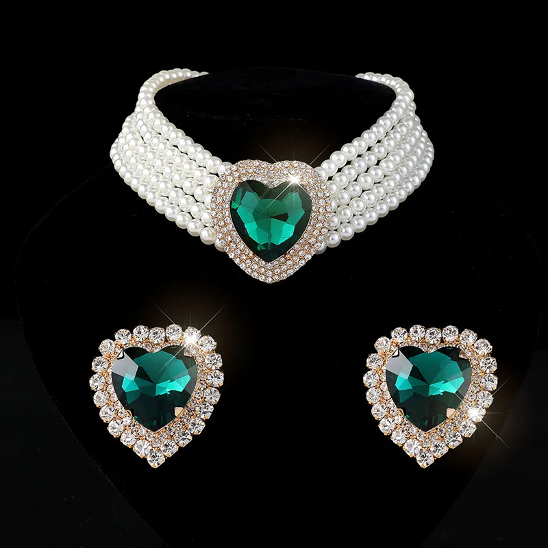 

Foreign trade exaggerated multi-layer pearl peach heart crystal necklace earrings set bridal love water crystal neck chain women