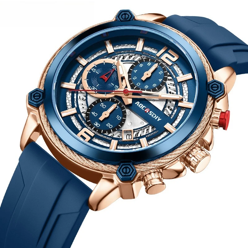 

Новые мужские часы для внешней торговли, многофункциональные водонепроницаемые кварцевые часы с подсветкой, календарем и силиконовым ремешком.