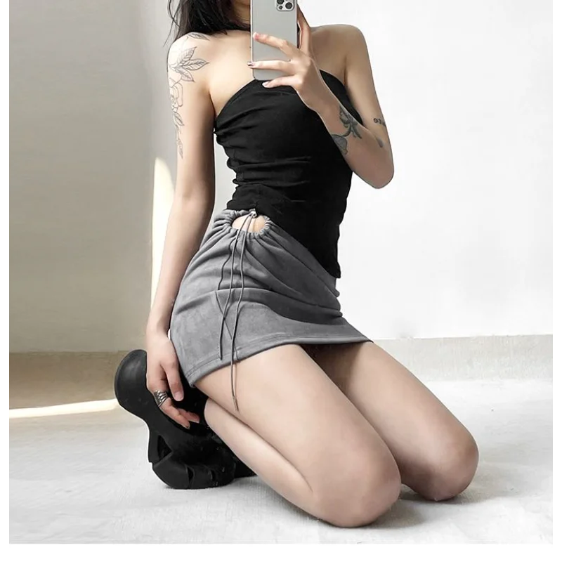 Nova cor sólida feminina emagrecimento rua moda cintura alta saco hip saia com cordão