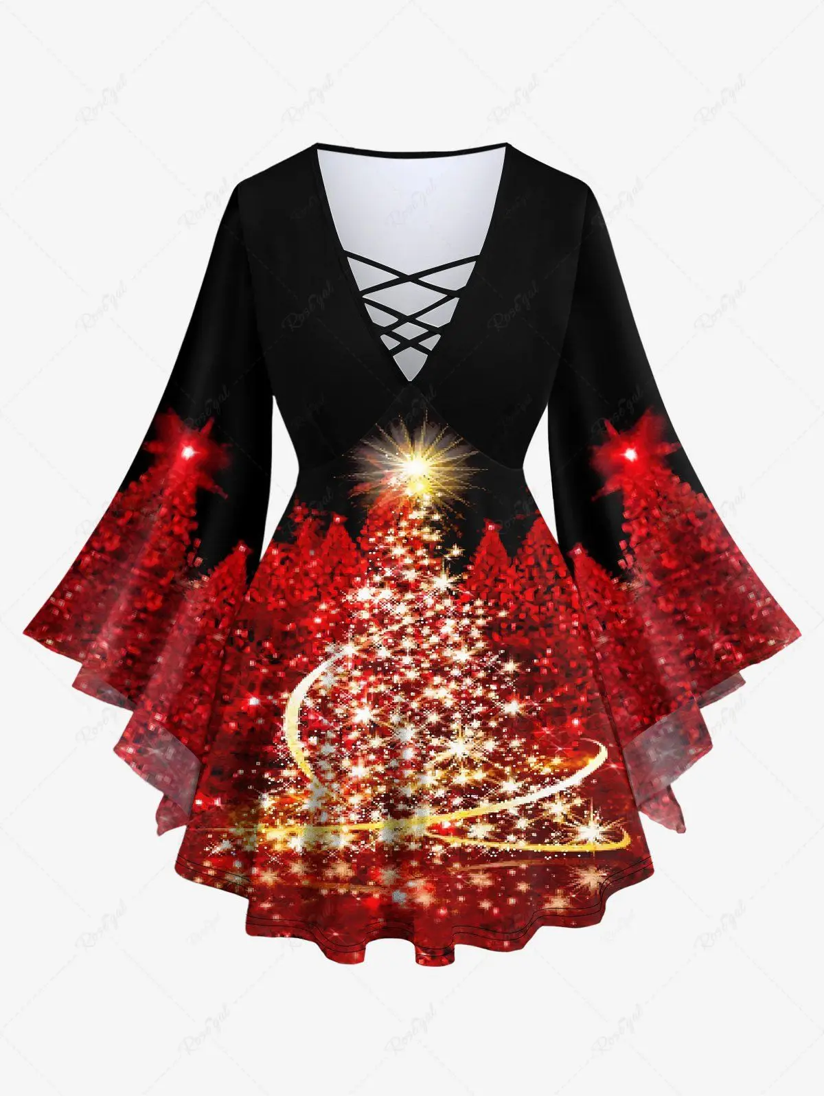 2023 New Christmas Tree Sparkling Sequin Glitter Colorblock Lace 3D Print Flare Sleeves T-shirt Or Leggings Casual Matching Set