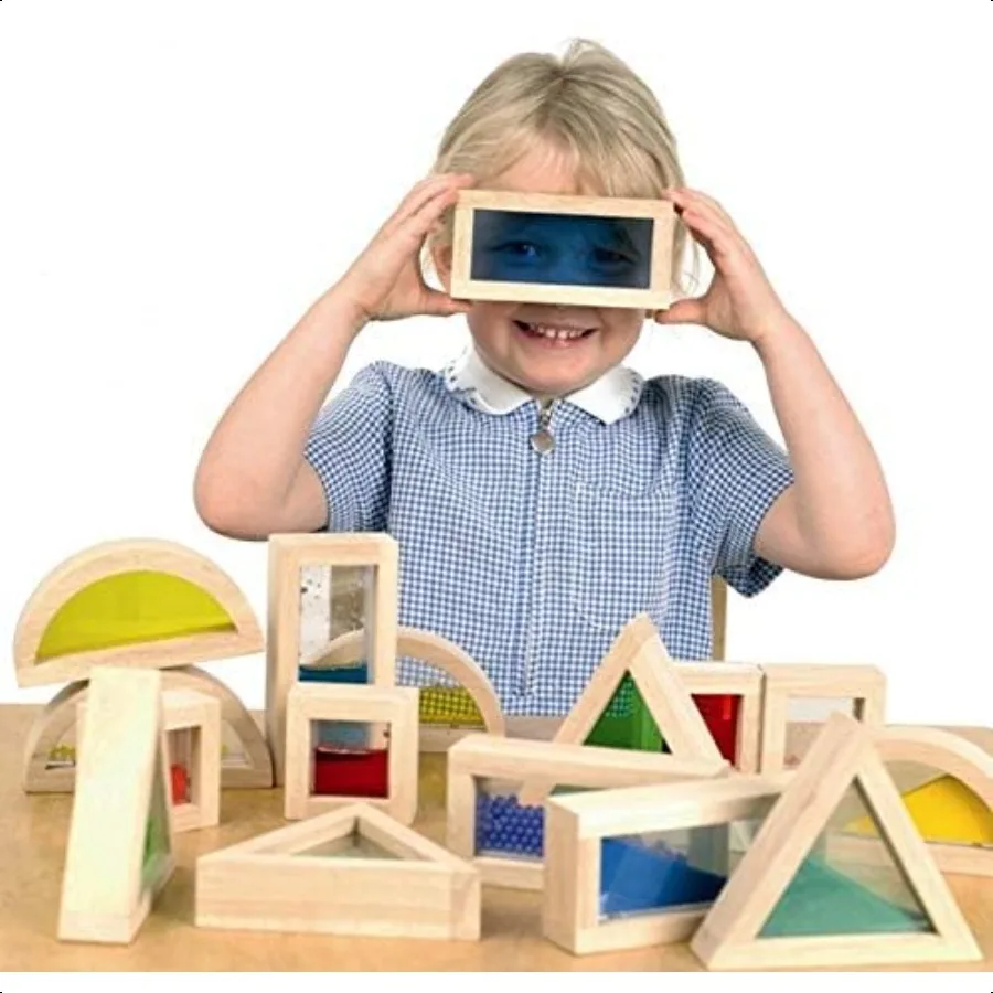 Bloques de construcción de madera grandes para niños pequeños, 16 Uds., bloques de arcoíris, juego de juguetes de construcción apilables sensoriales geométricos coloridos P