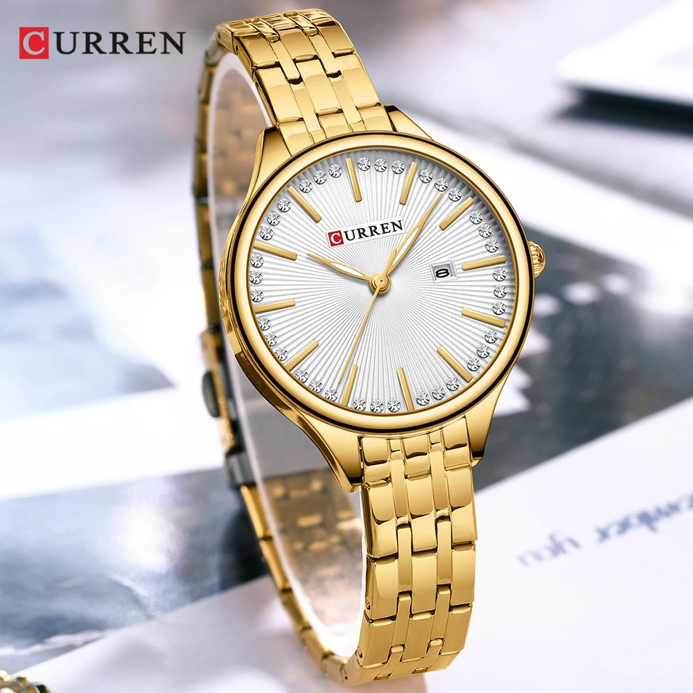 

Curren 9099 модные роскошные женские часы со стальной полосой с бриллиантами, водонепроницаемые часы с календарем для женщин, Relogio Feminino