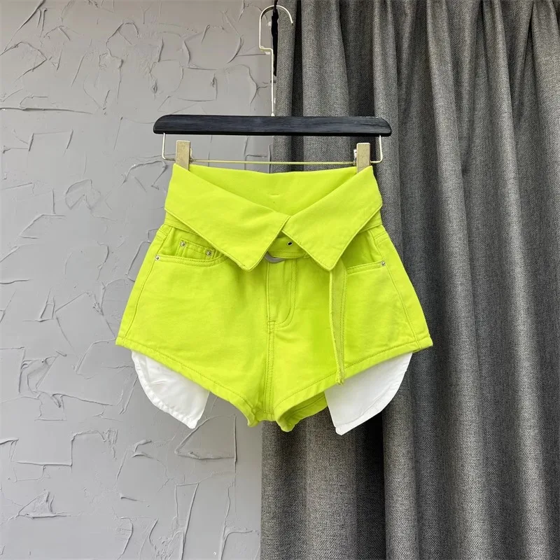 

Female Trend Cuff Waist Patchwork Design Denim Shorts Women's Green Loose High-waist Wide Leg Short Jeans Summer New Jeans Q949