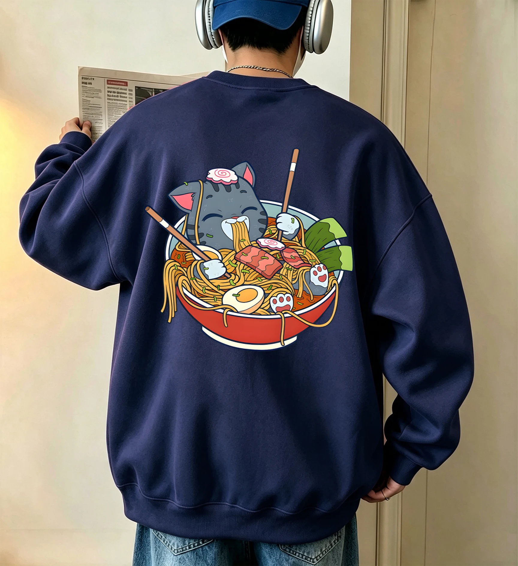 A Cat That Likes To Eat Noodles Pattern Men Spring Autumn Sweatshirts Street Fleece Pullovers Hip Hop Classic Unisex Streetwear
