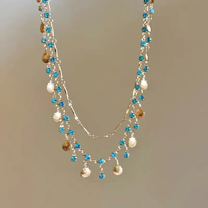 

Blue Love Flash Double Shell Necklace for Women in Summer Sense Stacked Clavicle Chain Tassel Necklace