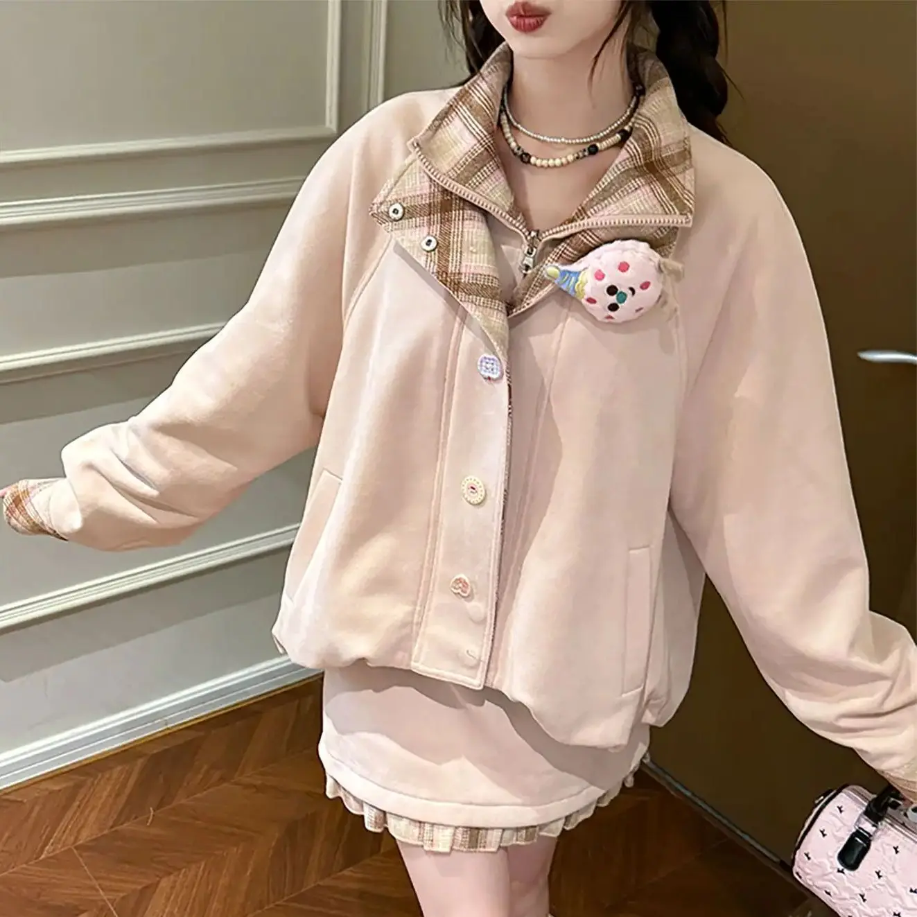 

Japan Sweet Style Fake Two-Piece Jacket For Women Autumn Girly Suede Short Top