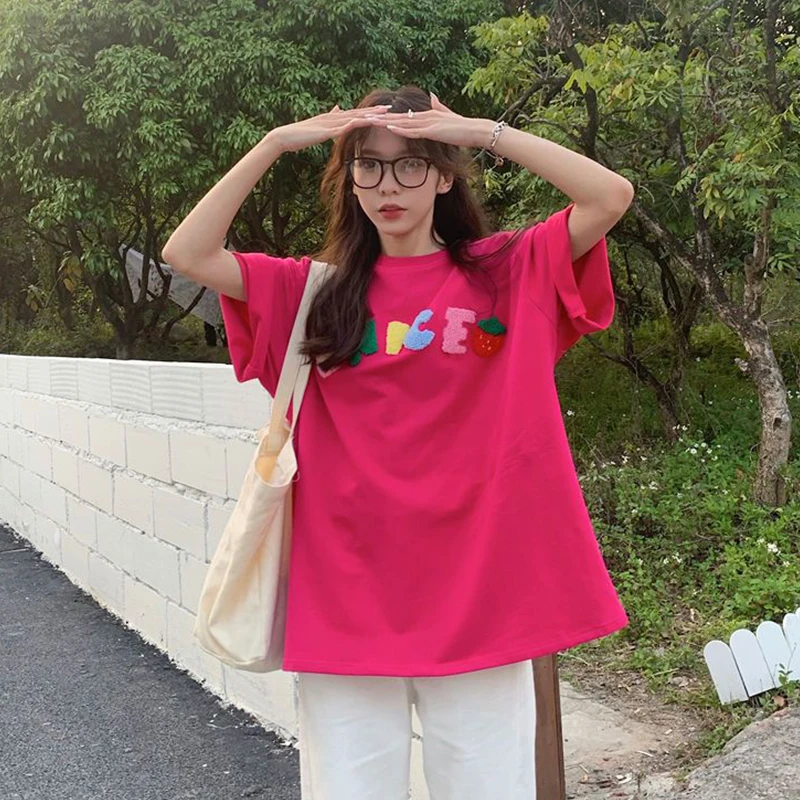 Women Summer Refreshing Embroidered Loose O-neck Thin Short Sleeve Beach Tee Shirt Women Clothes Korean Letter White Top Tee