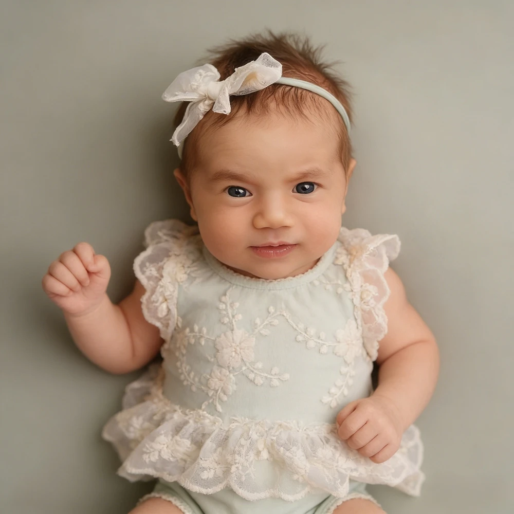 Whimsical Newborn Baby Girl Pastel Green Lace Flutter Romper Floral Embroidery Photography Outfit Newborn Photo Clothes