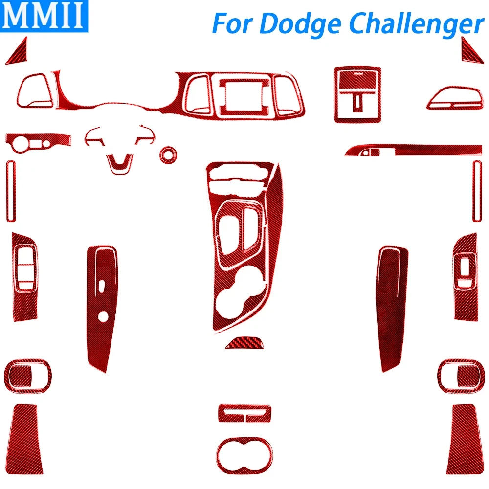 For Dodge Challenger 2015-2020 Red Carbon Fiber Gear Shift Air Outlet Window Lift Dashboard Set Car Interior Accessories Sticker