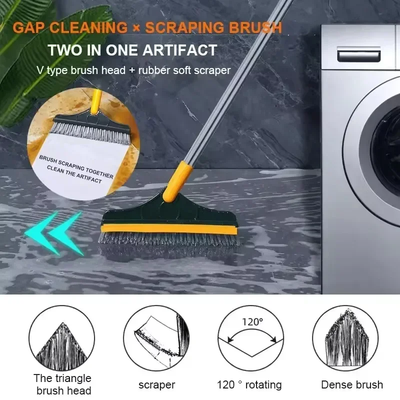 Rotierende Bodenschrubberbürste mit langem Griff, Fensterrakel, steife Borsten, Besen, Mopp, 2-in-1, für Badezimmer, Küche, Boden, Fugenreinigung