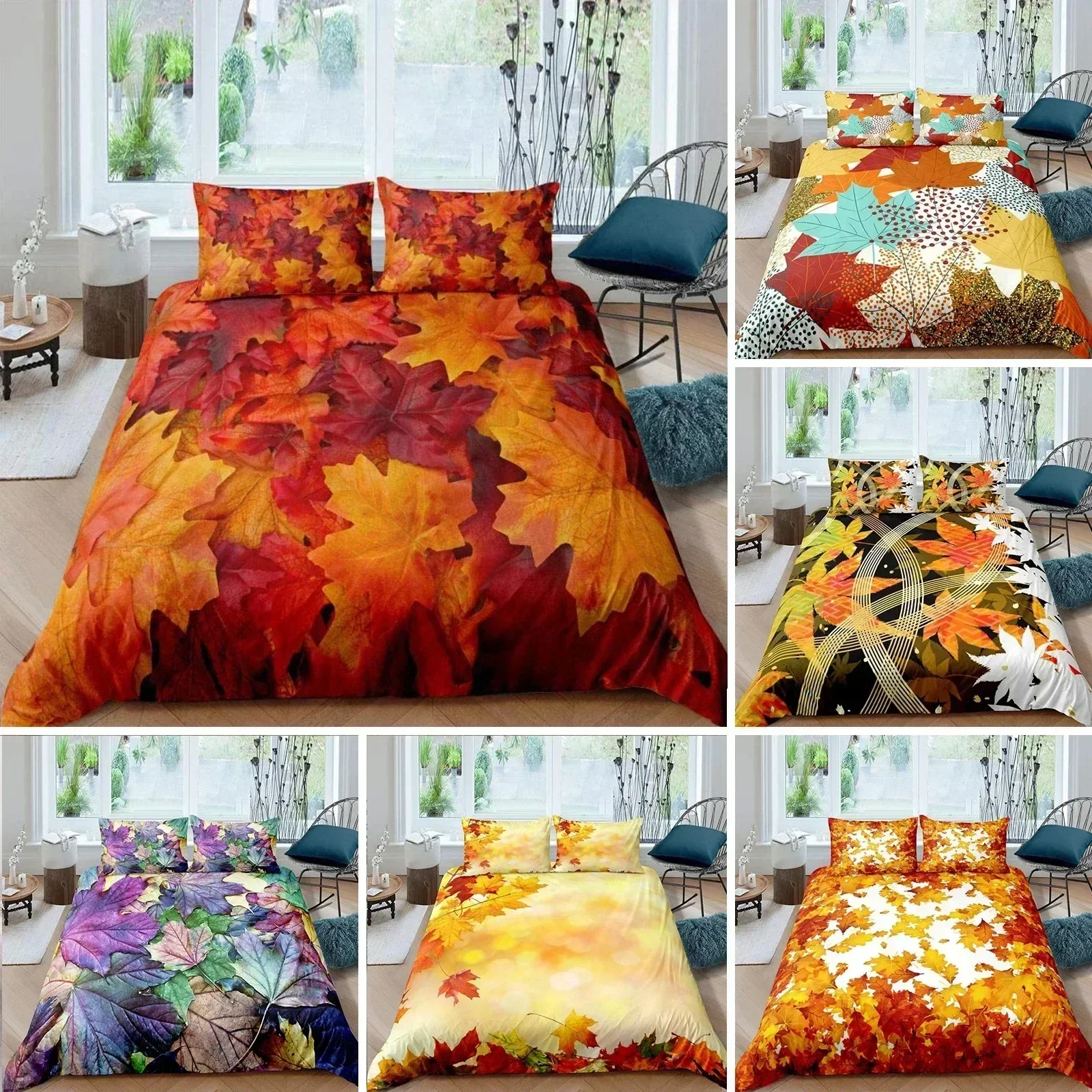 Maple Leaves Duvet Cover Set Colorful Autumn Season Maple Leaves In Unusual Designs Nature Print King Size 3D Bedding Set