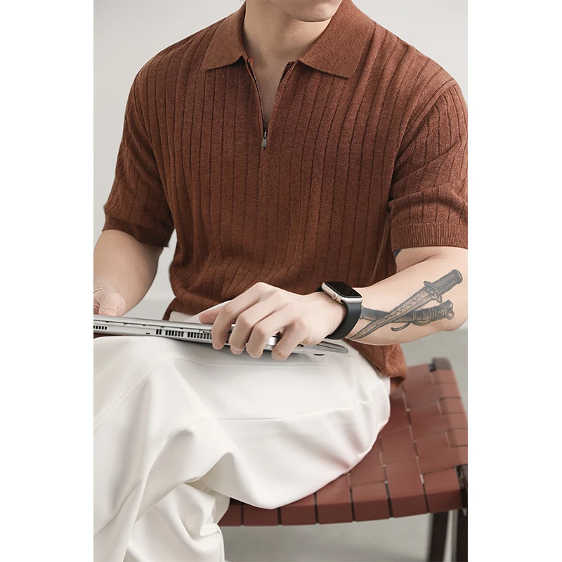 Men Breathable Lyocell Knit Clothes 2026 Summer Spring Trendy Knitting Polos Short Sleeve Zipper Tops Pullover Knitwear