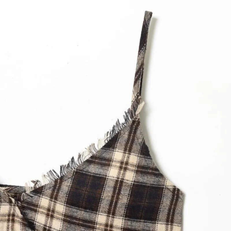 Sexy Halter Dress A-Line Asymmetry Hem Lace Edge Party Elegant Lady Thin Dress Simple Plaid Fashion Sleeveless Streetwear