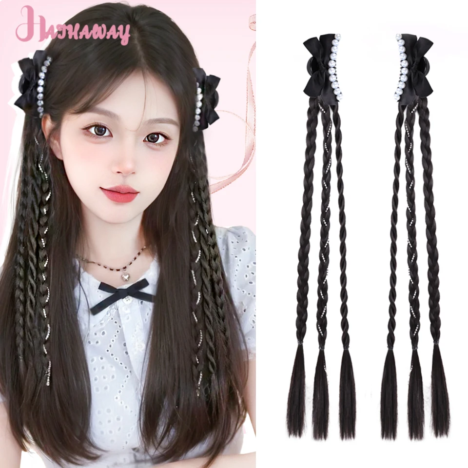 20 Inch Twist Braid Female Synthetic Bow Grip Braided Hair Fluffy Gentle Princess Head Natural Double Ponytail Wig Daily Wear