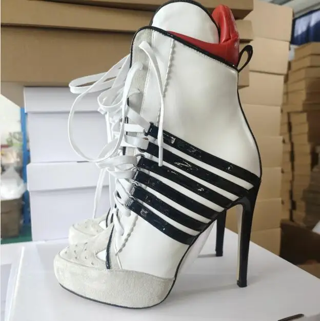 

White Black Striped Patchwork High Top Sneaker Heels Boots Women Round Toe Lace Up Sports Stiletto Short Boots Luxury Party Shoe