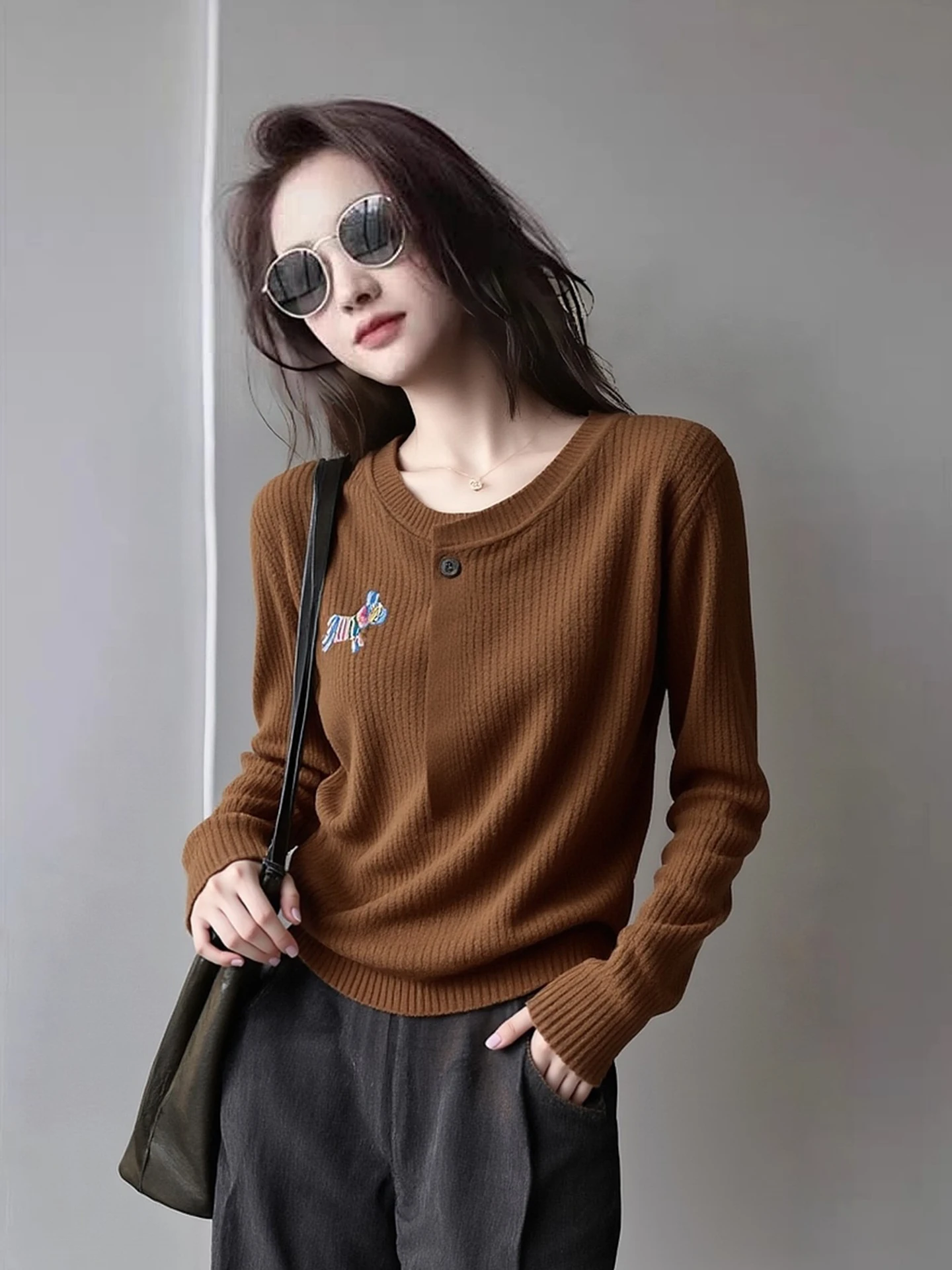 

Spring Knitted Long Sleeve Comfortable Commute Women's Top Fashionable Anti-Aging Design Soft Base Layer Shirt Versatile Oute...