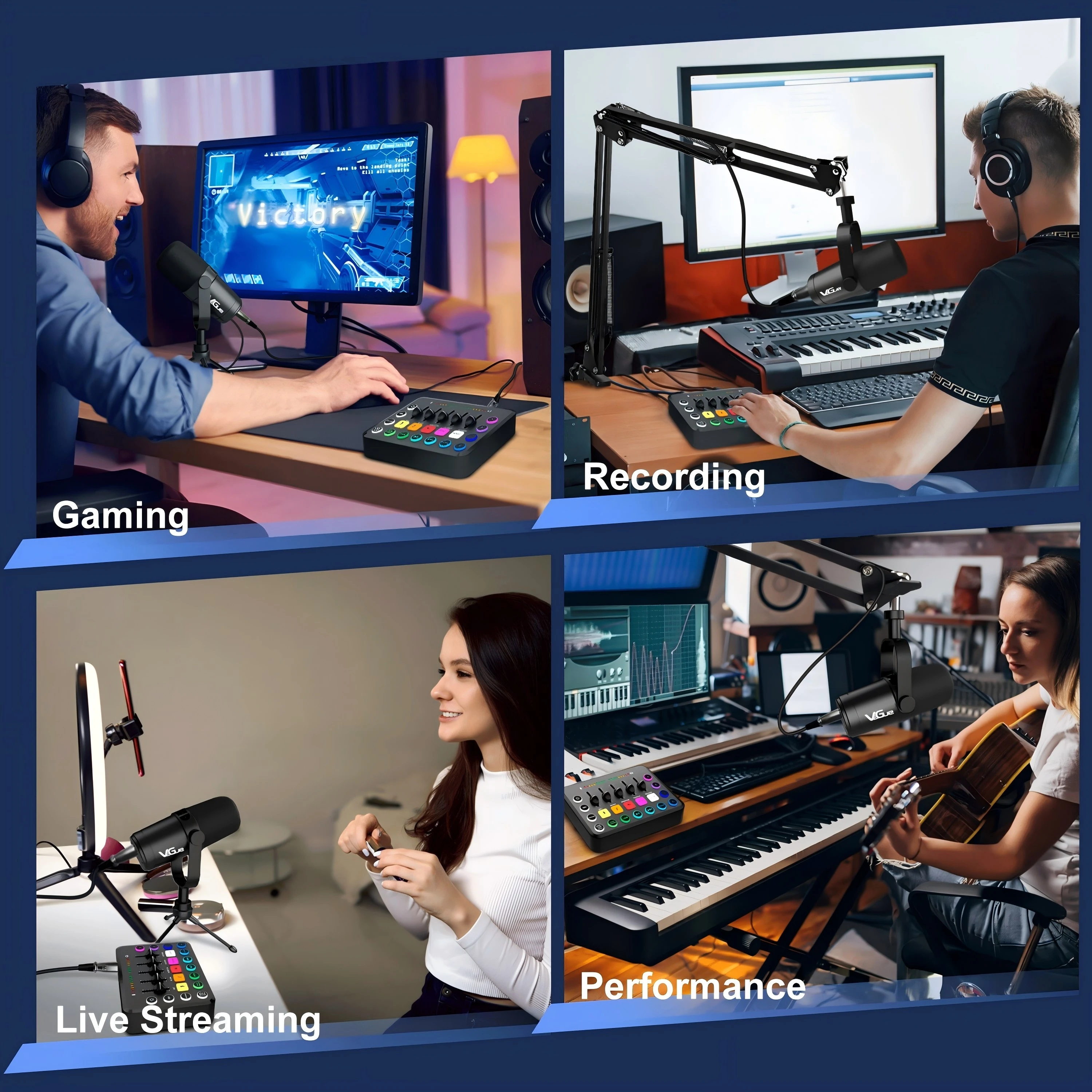 Centre commercial audio de jeu, streaming RVB, centre commercial PC avec interface microphone XLR, contrôle individuel du volume, fader, bouton muet, Phanto 48V