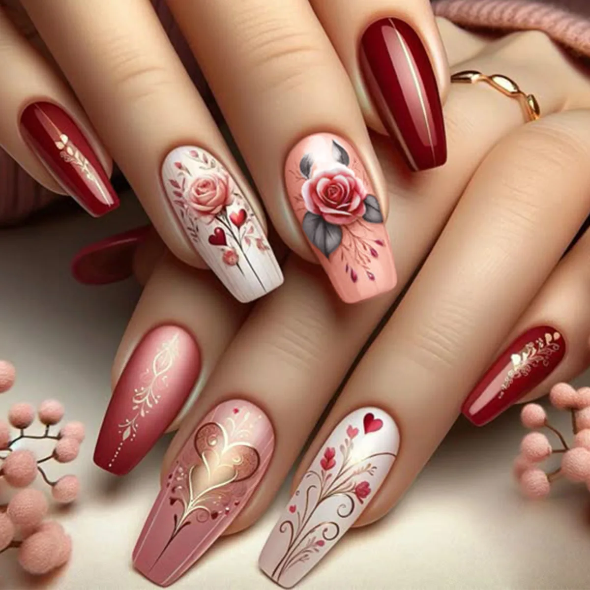 Mittellange künstliche Nägel zum Valentinstag, rosa, rot, goldene Rose, Blumen, Herz, Engel, Ballett-Nagelspitzen, zum Aufdrücken des falschen Nagelsets