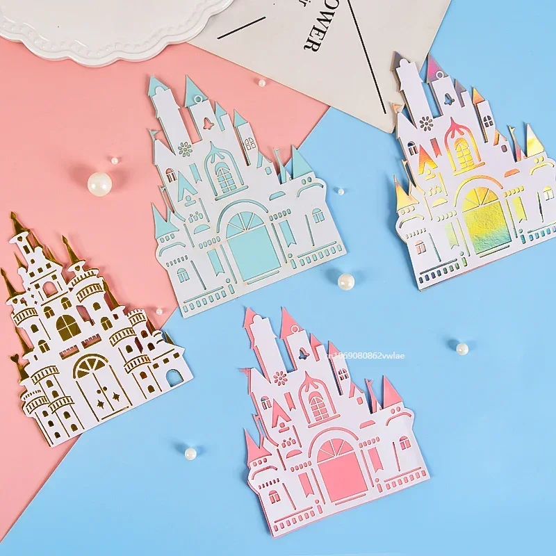 Cartoon Fairy Tale Castle Pink Blue Gold Cake Decor Princess Little Prince Happy Birthday Party Kids Cupcake Topper