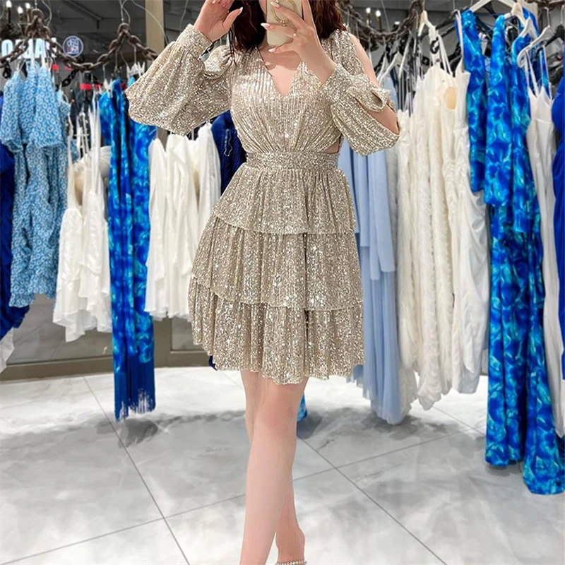 Sexy V Neck Long Sleeve Hollow Out Mini Dress Sparkling Sequins Autumn Ladies Dress Fashion Ladies High Waist Pleated Cake Dress