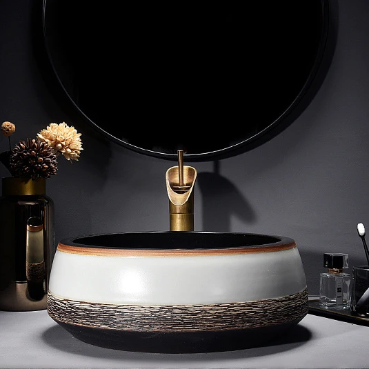 Color Block Antique Bathroom Sink Round Bowl Basin Washroom Ceramic Washbasin Balcony Countertop Art Basin with Faucet Set